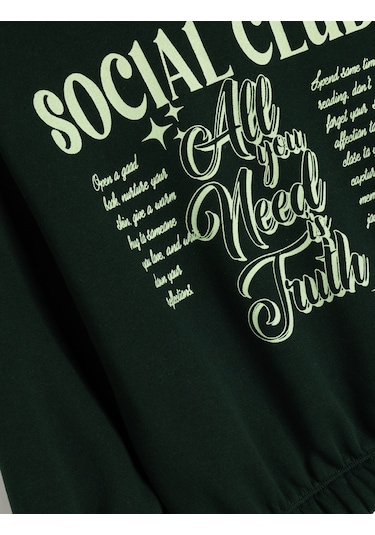 Koton Kapşonlu Slogan Baskılı Uzun Kollu Pamuklu Sweatshirt Yeşil 5wkg10655ak Yeşil