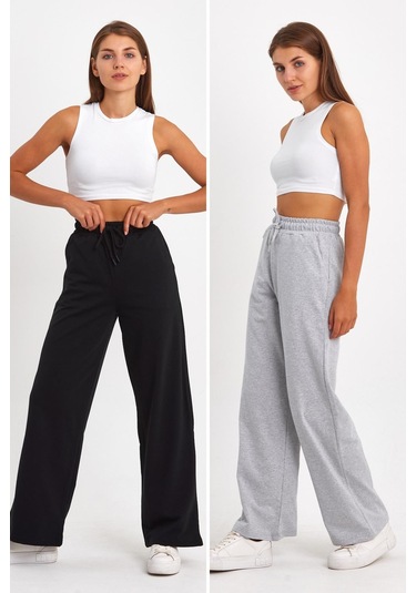 MMetalic MTLCB67 Kadın Mevsimlik Salaş Geniş Rahat Paça Yan Cepli 2'li Eşofman Altı 001 Siyah - Gri