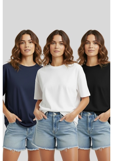 Soft&Basic Kadın 3'lü %100 Organik Pamuk Oversize Fit Basic Yuvarlak Yaka T-shirt Siyah - Beyaz - Lacivert