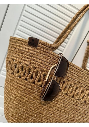 Doğal Hasır Jüt El Örmesi Bayan Çanta-bej Kırçıllı Trikotlu Bej