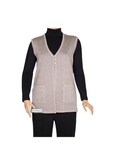 Hesna Kadın Yakut Triko Ajurlu Cepli Düğmeli Yırtmaçlı Taş Beji Yelek Bej