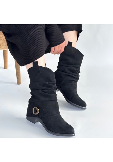 Canty Siyah Süet Körüklü Topuklu Çizme Siyah