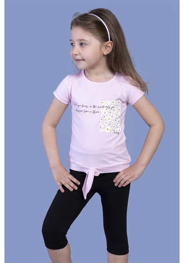 Toontoy Kız Çocuk Papatya Desenli Baskılı Taytlı Takım Açık Pembe