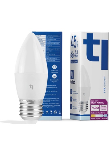 Redeem Plus C37s E27 Mum Ampul, Titreşimsiz, Göz Konforu, 609 Lümen, Parlak Beyaz, 5700 Kelvin