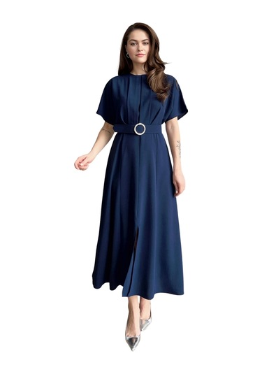 Bisiklet Yaka Pileli Yarasal Kol Kemerli Önden Yırtmaçlı Midi Boy Elbise Lacivert