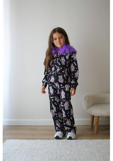 Kız Çocuk Peluş Kapüşonlu Alt Üst Sportif Eşofman Takımı Fermuar Kapamalı Mor