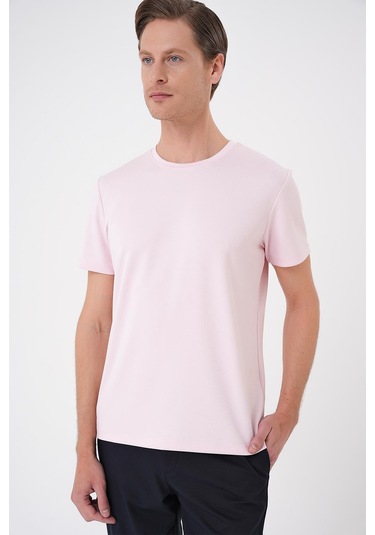 Comfort Fit Bisiklet Yaka Esnek Pamuk Casual Pembe Tişört Ts 885 Pembe