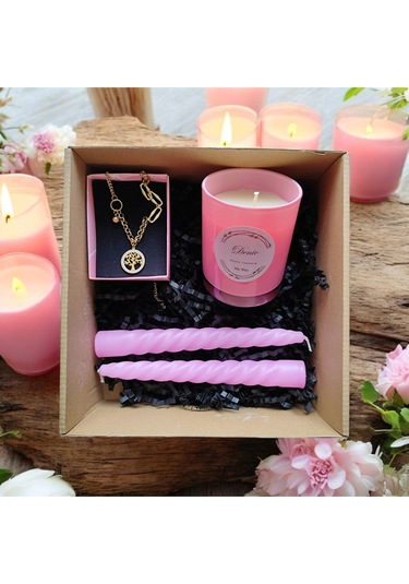 Denic Hediye Seti Kokulu Pembe Bardak Mum Yaşam Agacı Kolye Burgulu Mum
