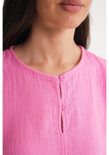 4713 Kadın Beli Büzgülü Kolu Lastikli Bol Müslin Bluz Pembe Pembe