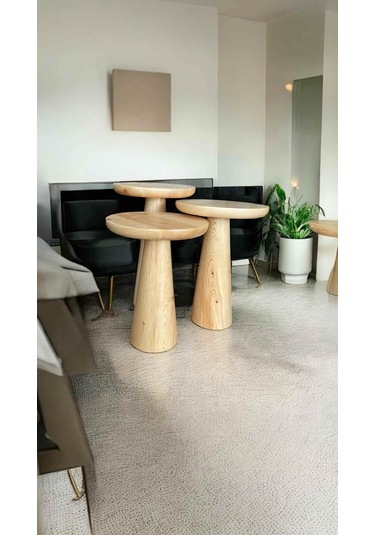 Doğal Masif Ahşap 3 Lü Sehpa Takımı Naturel Renk Mantar Zigon