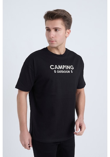 Velvoria Unisex Oversize Siyah Camping T-shirt