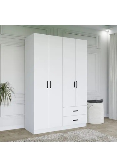 Yaman Mat Beyaz 4 Kapılı 2 Çekmeceli Elbise Dolabı - Gardırop Beyaz