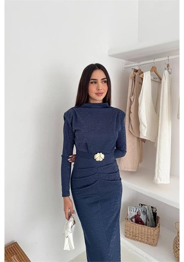 Neşeli Butik Kadın Kol Vatkalı Toka Detaylı Drapeli Maxi Elbise Nbk4358 Lacivert