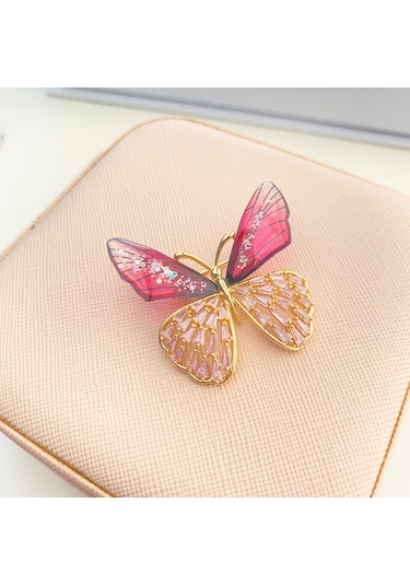 Broş Kadın Altın Kaplama Zirkon Taşlı Kelebek Yaka İğnesi Broş Ro Altın - Kırmızı