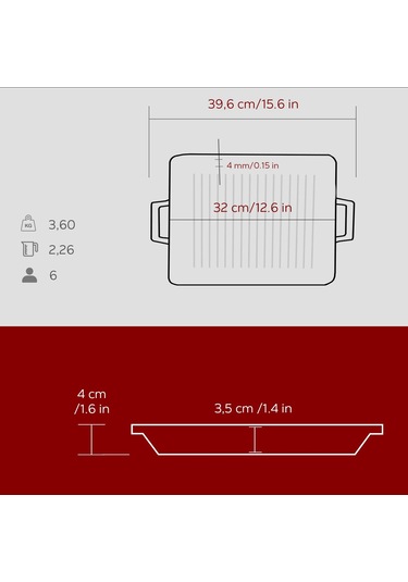 Lava Döküm Dikdörtgen Izgara Tavası Döküm Demir Yekpare Çift Kulplu Ölçü 26x32cm.-bordo Bordo