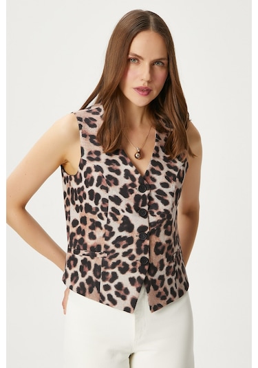 Ritnice Kadın Style Leopar Astarlı Dokuma Yelek Kahverengi - Krem