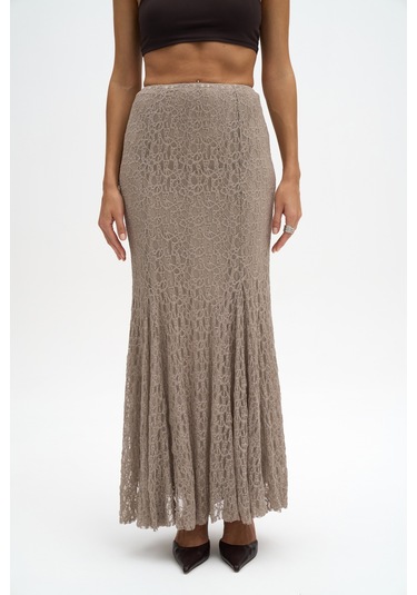 Veylia Uzun Vizon Dantel Etek Vizon