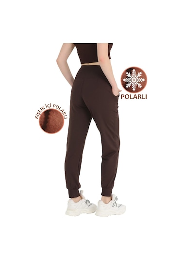 Kadın Koyu Kahve Polarlı Kışlık Eşofman Altı Jogger Yüksek Bel Şardonlu Dalgıç 1062 Koyu Kahve