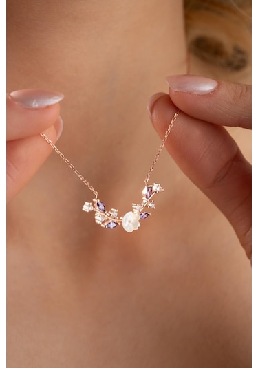 Nereze 925 Ayar Gümüş Mor Taşlı Manolya Çiçeği Zeytin Dalı Model Kolye