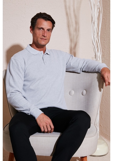 Buratti Pamuk Karışımlı Regular Fit Erkek Polo Yaka Kazak 456223 Açık Gri