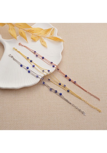 925 Ayar Gümüş Lacivert Göz Nazar Bocuklu 3 Zincirli Bileklik Altın