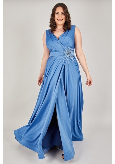 Ladies First Büyük Beden 3434 Indigo Uzun Abiye Elbise