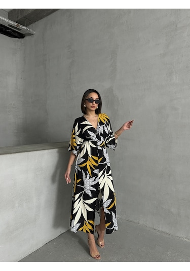 Kadın Kruvaze Yaka Yırtmaçlı Uzun Yazlık Elbise Siyah - Sarı