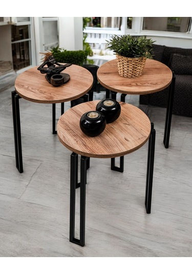 3 Lü Zigon Sehpa Metal Ayaklı Çam Ahşap Yuvarlak Misafir Sehpası