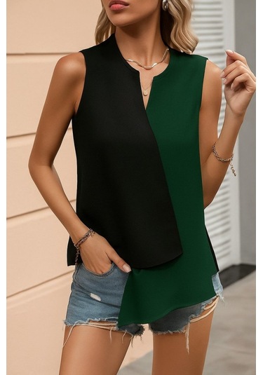 Sensuelle Kadın Kolsuz V Yakalı Blok Renkli Ithal Krep Bluz Yeşil