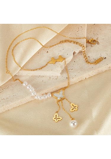 Sones Opk Gx2433 Vintage Hollow Kelebek Püskül İnci Kolye Paslanmaz Çelik Kolye