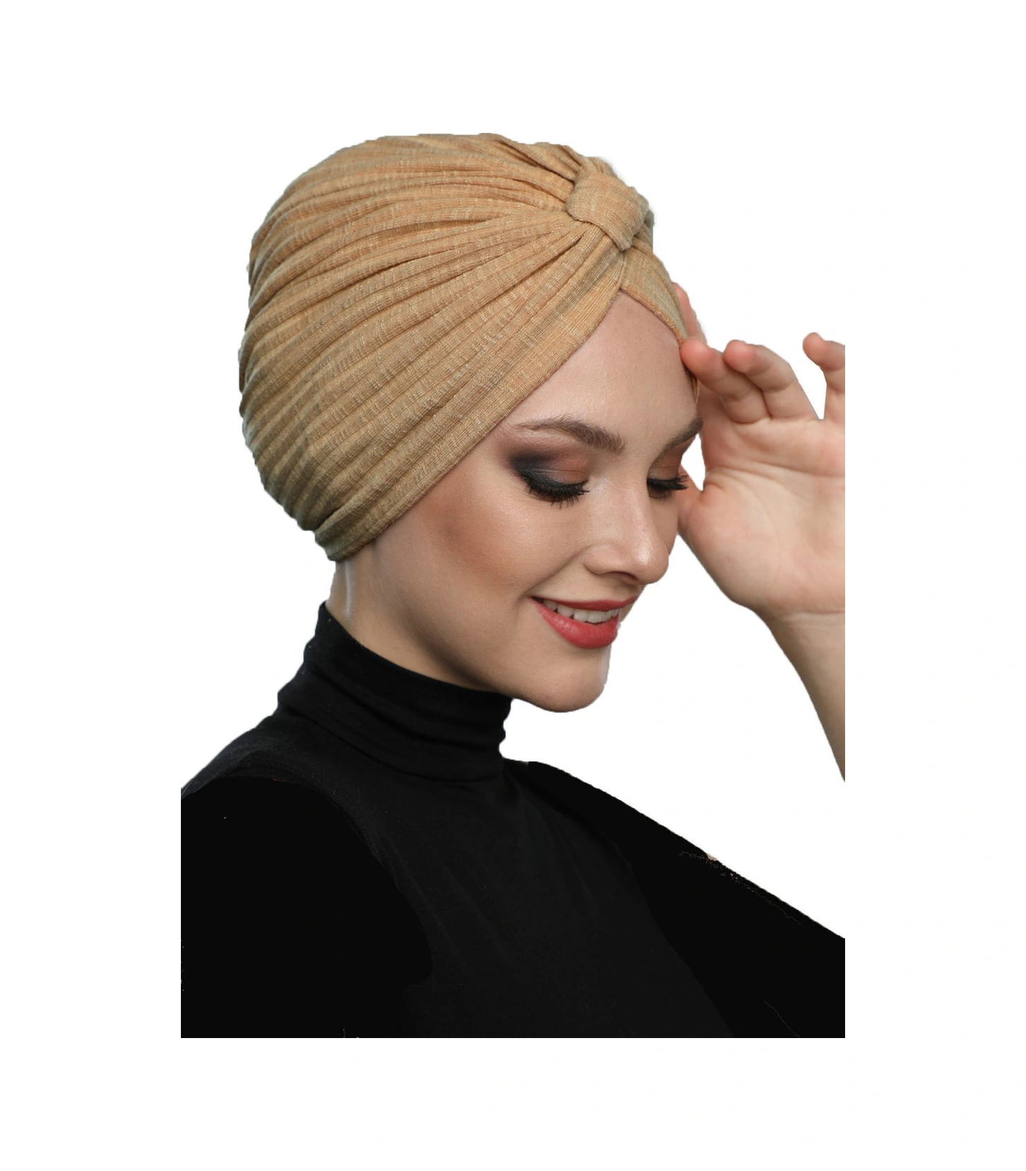 Pamuklu Bantlı Çapraz Astarlı Bal Rengi Hazır Türban Tesettür Havuz Bonesi Bal Rengi