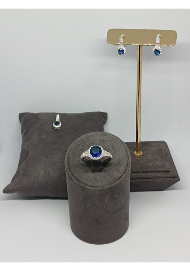 925 Ayar Gümüş Lacivert Safir Taşlı Takı Seti Kolye Ucu, Yüzük Ve Küpe Gümüş