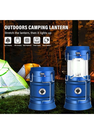 Mufunye Mavi Led Kamp Feneri Güneş Enerjili Usb Şarjlı 18650 Batarya Ve Kablolu Çadır Işığı Outdoor Kullanım İçin İngilizce Paketli Çok Renkli