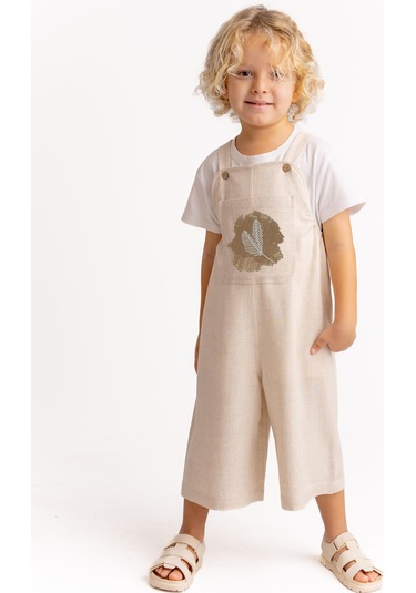 Unisex Tüğ Nakışlı Keten Salopet Naturel Naturel Bej