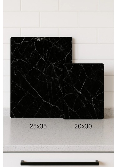 2'li Temperli Cam Kesme Tahtası 20x30 & 25x35 Cm Mermer Desenli Antibakteriyel Mutfak Doğrama Camı Siyah Mermer