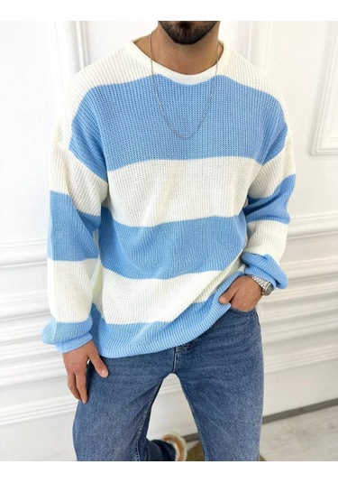 Kazak Oversize Tüylenmez Naturel Pamuk Örme Triko Kazak Mavi