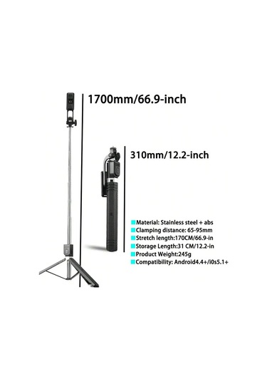 170 Cm Selfie Çubuğu Tripod Kablosuz Uzaktan Kumandalı Geri Çekilebilir Black