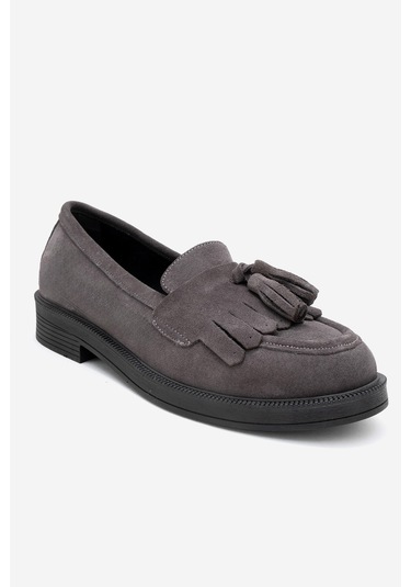 Milina Füme Süet Püsküllü Hakiki Deri Kadın Loafer Ayakkabı Füme