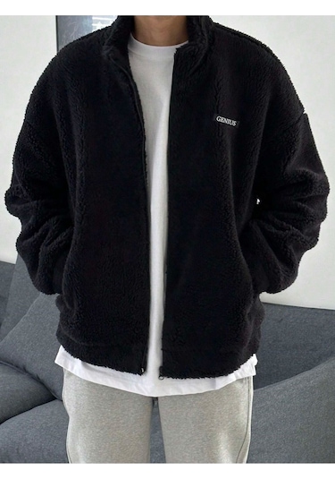 Oversize Tam Fermuarlı Kuzu Sweatshirt İçi Polarlı Sherpa Kumaş Sweatshirt Siyah