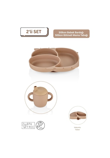 2'li Silikon Bebek Beslenme Seti / Bölmeli Mama Tabağı / Bebek Bardağı - Moka Mocca