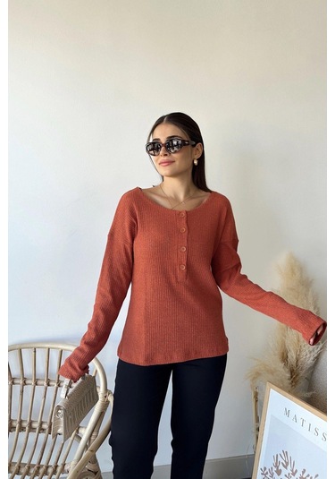 Kadın Kiremit Yumuşak Dokulu, Düğmeli Bisiklet Yaka, Regular Kesim Triko Kazak, Bluz Kiremit