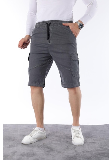 Classics Men Erkek Comfort Fit Keten Bel Lastikli Cepli Kapri Şort Gri