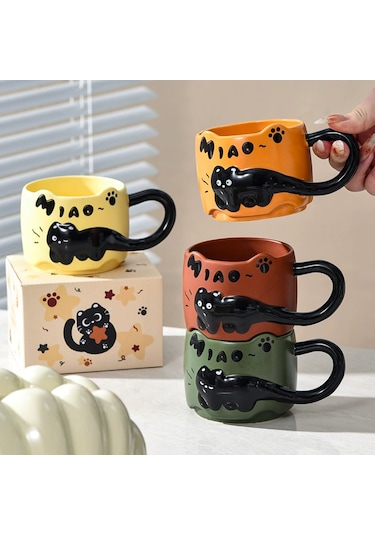 Suofeng Kedi Desenli Seramik Kupa Seti 380ml, Mikrodalga Güvenli, Kahve/süt İçin, Sarı, Ev Kullanıma Uygun Sarı