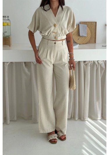 Düğme Detaylı İkili Takım Krem Krem