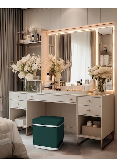 Zengo Silver Twin Line Kare Puf -yeşil Kumaş, Dekoratif Makyaj Masası Pufu-modern Style