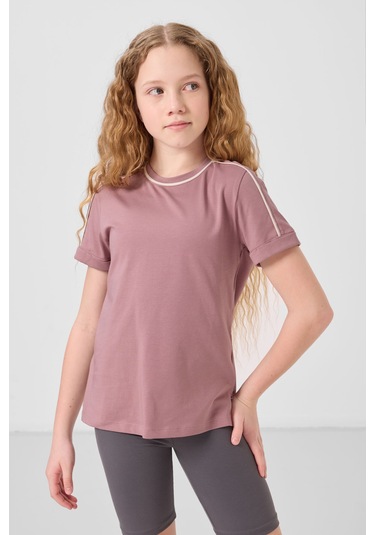 Gül Kurusu Pamuklu O Yaka Standart Fit Basic Kız Çocuk T-shirt - 75177 Gülkurusu