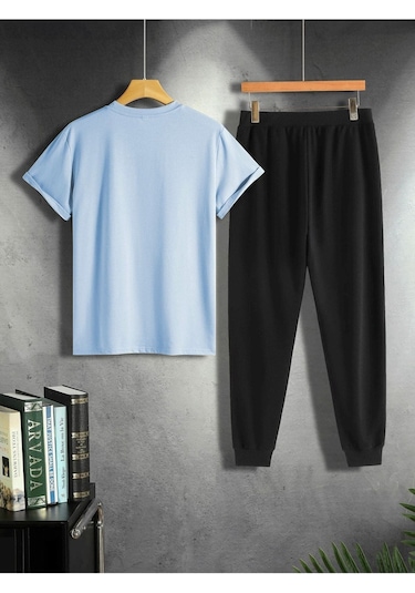 Bebe Mavi T-shirt Siyah Eşofman Altı Jogger - Baskılı Alt Üst Takım Oversize Bisiklet Yaka Bebe Mavisi Siyah