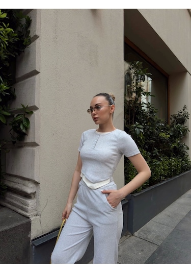 Byb Moda Tasarım Düğme Yakalı Gri Alt Üst Takım S3943 Gri