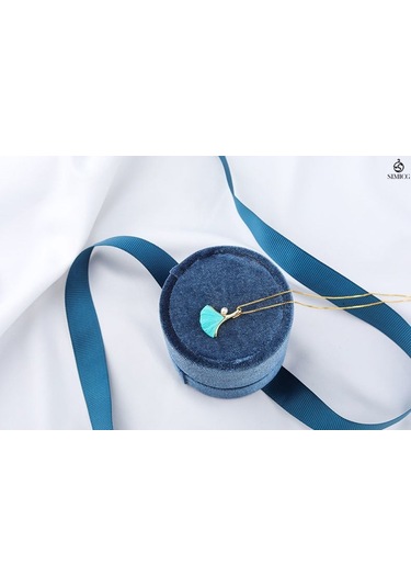 Ginkgo Yaprağı İşlemeli Turkuaz Altın Kaplama İnci Köprücük Kemiği Kolye Altın