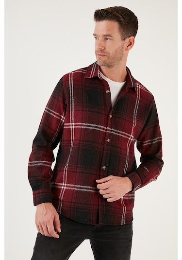 Buratti Ekoseli Uzun Kollu Slim Fit Kışlık Erkek Gömlek Cf21W112844 Bordo